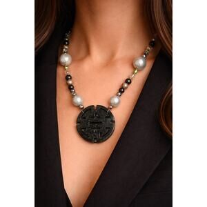 Black Jade Style Necklace Double Happiness Beaded Pearl Green Stone Necklace